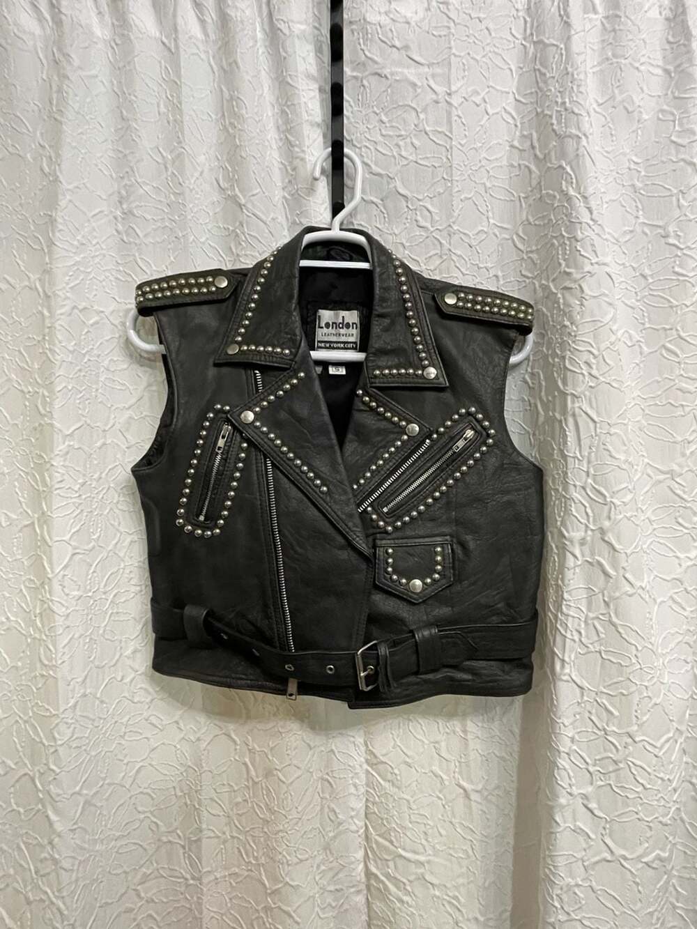 Vtg 80s London Leatherwear NYC Studded Leather Moto Vest Punk Crop Small